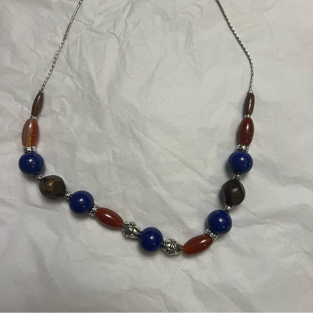 Brighton SOL Blue Orange and Brown Beaded Silverplated Adjustable Necklace New - Picture 3 of 8